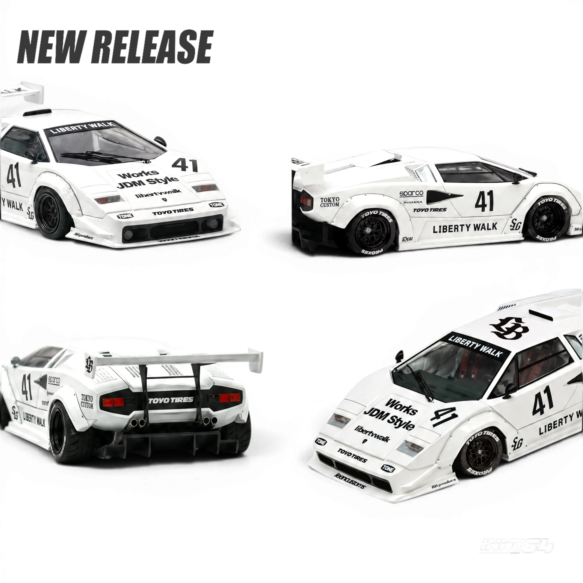 Lot57Supplies Diecast Shop Inno64 Liberty Walk Countach 1:64 scale white diecast model car with racing decals.