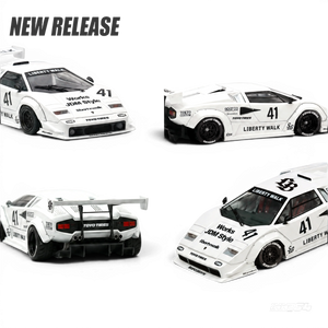 Lot57Supplies Diecast Shop Inno64 Liberty Walk Countach 1:64 scale white diecast model car with racing decals.