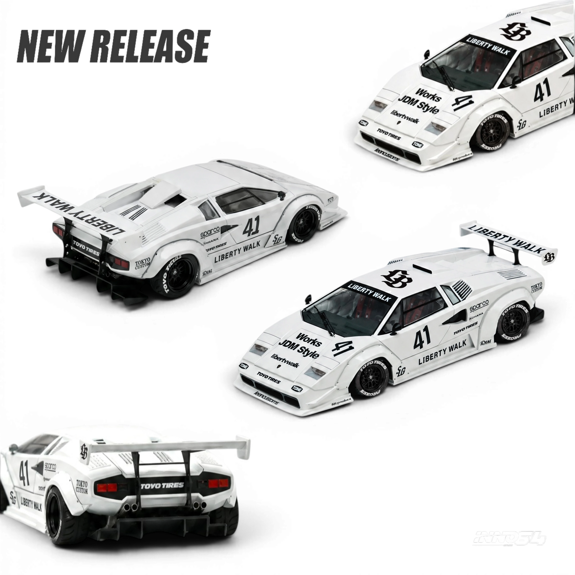 Lot57Supplies Diecast Shop Inno64 1:64 scale white Liberty Walk Lamborghini Countach diecast model with racing decals.