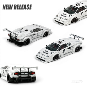 Lot57Supplies Diecast Shop Inno64 1:64 scale white Liberty Walk Lamborghini Countach diecast model with racing decals.