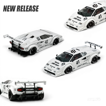 Lot57Supplies Diecast Shop Inno64 1:64 scale white Liberty Walk Lamborghini Countach diecast model with racing decals.