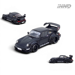 Lot57 Supplies Diecast Shop: Black Matt INNO64 RWB 964 Darth Vader 1:64 scale diecast model car with wide body kit.
