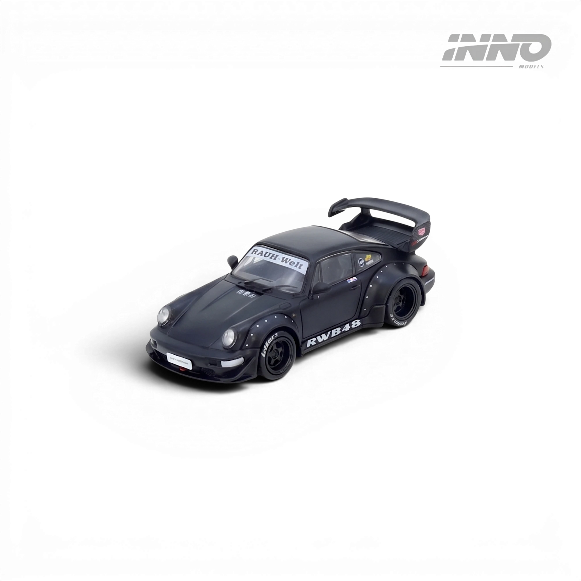 Lot57 Supplies Diecast Shop: INNO64 1:64 scale matte black Porsche RWB 964 Darth Vader diecast model with wide body kit.