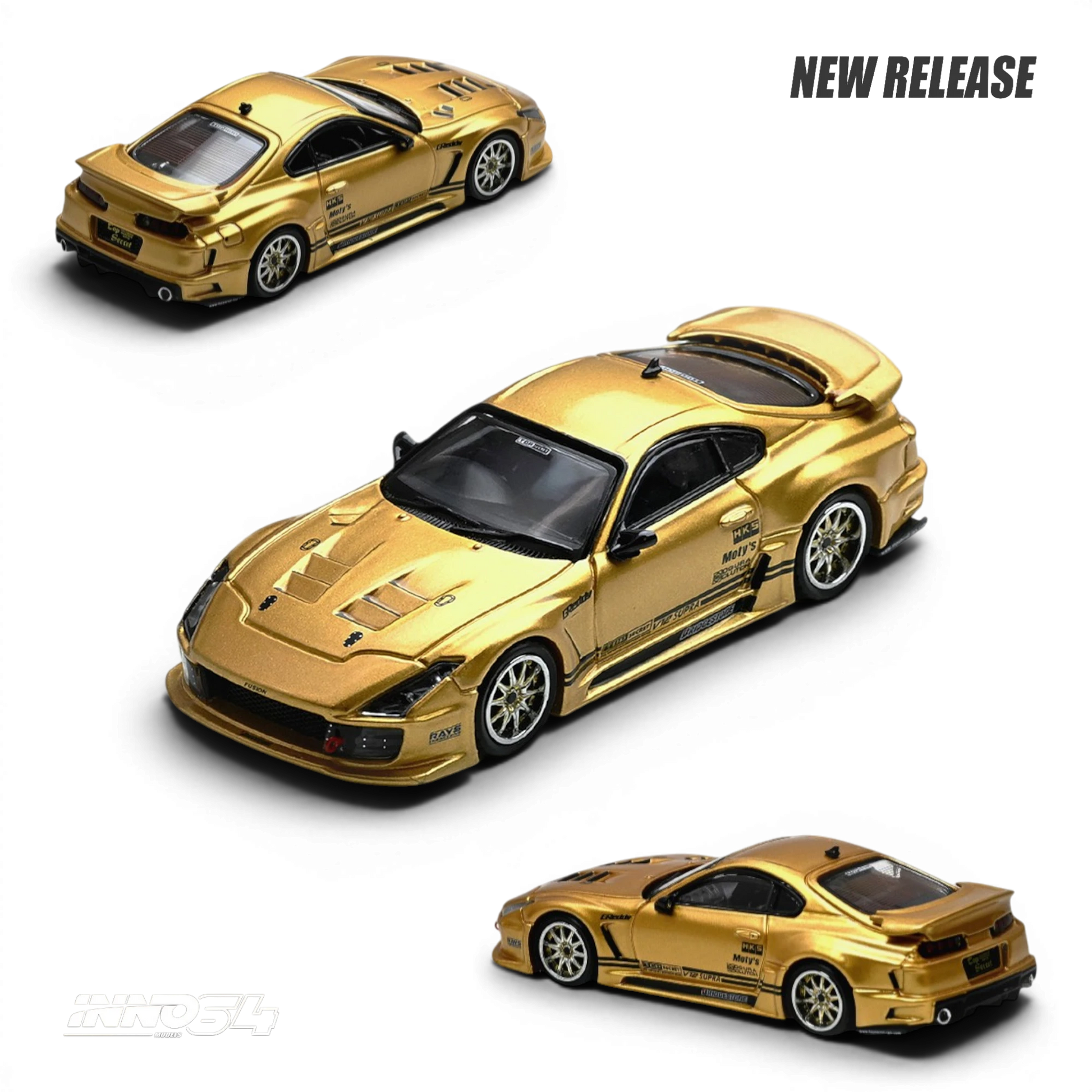 Lot57Supplies Diecast Shop Inno64 1:64 scale gold Top Secret V12 Toyota Supra A80 diecast model car.