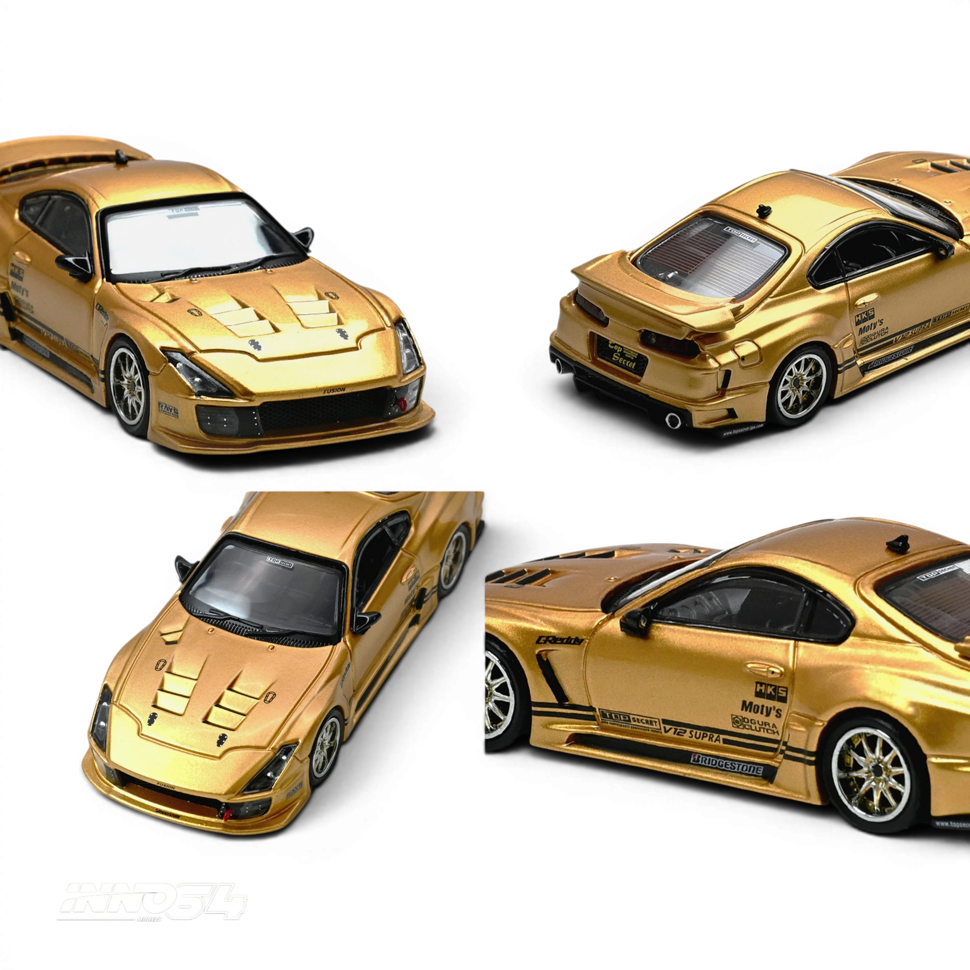 Lot57Supplies Diecast Shop 1:64 scale Inno64 Top Secret V12 Supra A80 diecast model car in metallic gold finish.