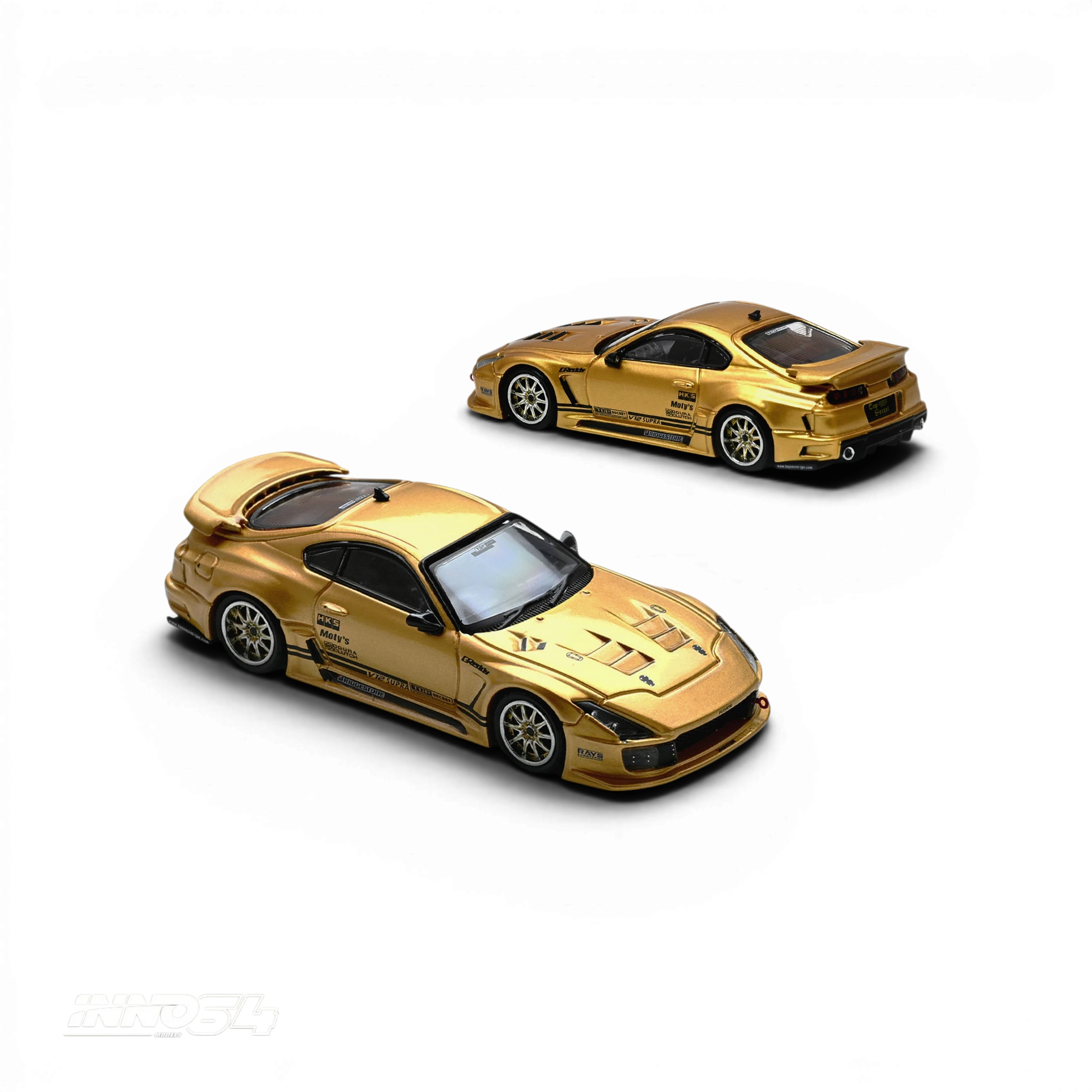 Lot57Supplies Diecast Shop Inno64 1:64 scale gold Top Secret V12 Supra A80 diecast model car with racing decals.