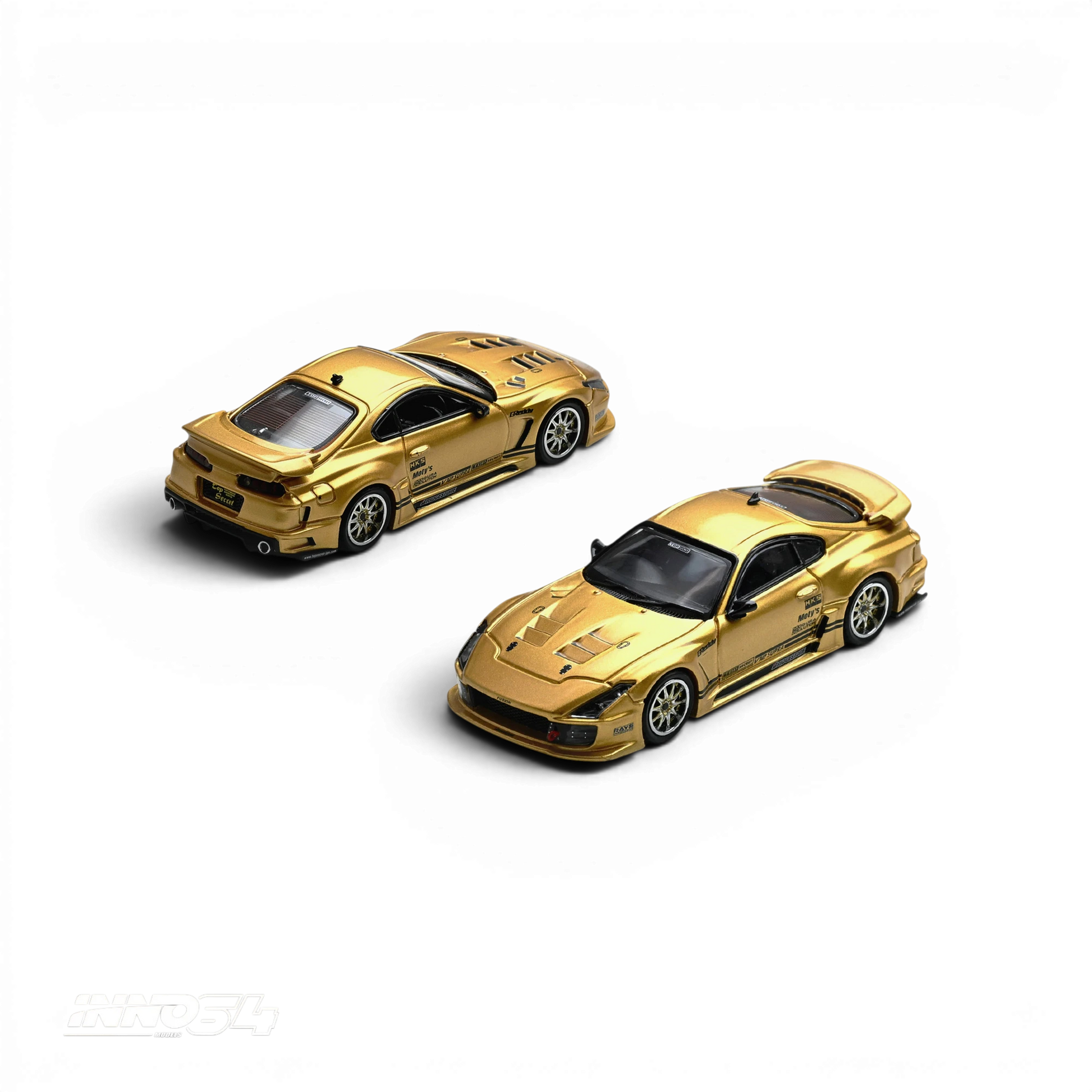 Lot57Supplies Diecast Shop Inno64 1:64 scale gold Top Secret V12 Supra A80 diecast model car with racing decals.