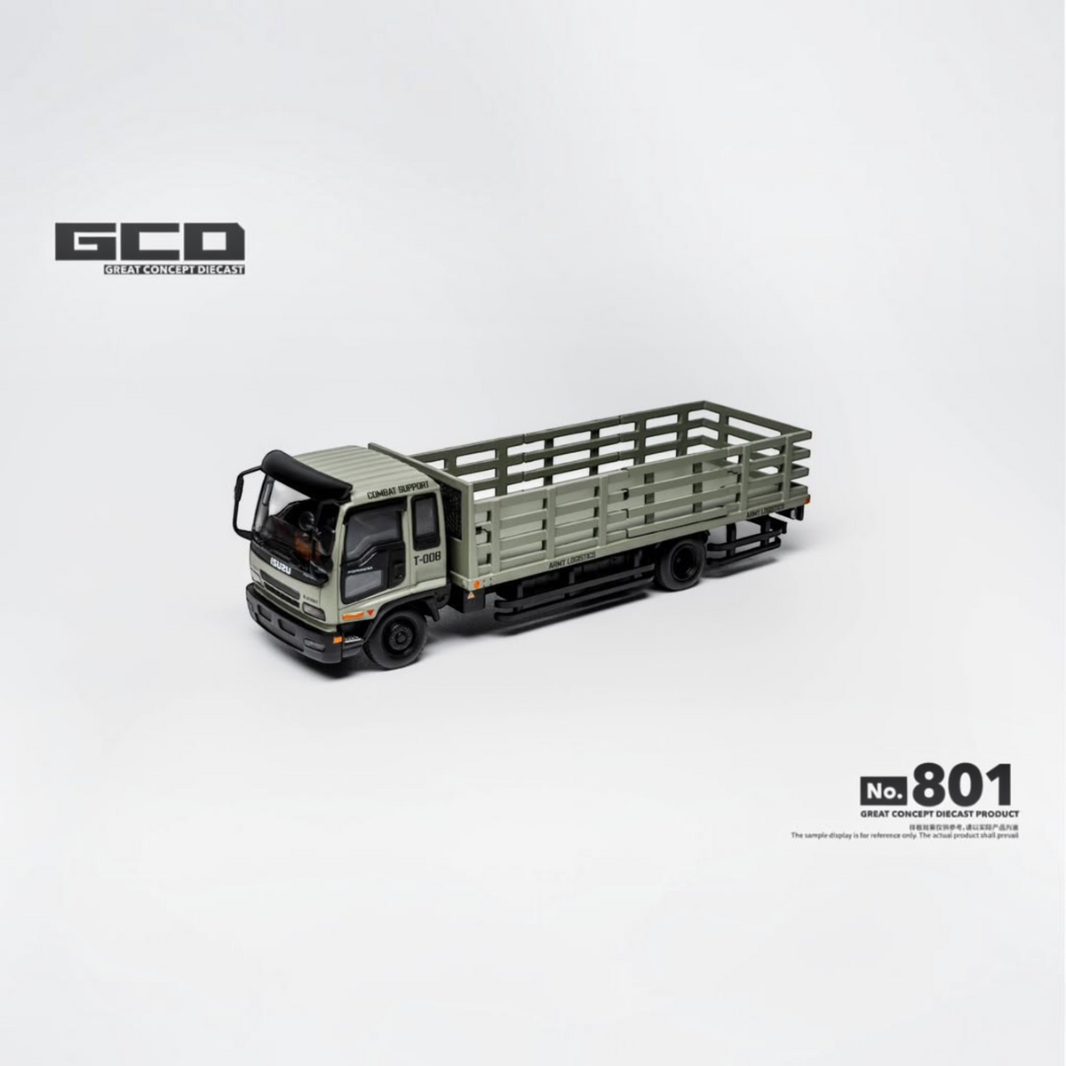 Lot57Supplies Diecast Shop 1:64 scale GCD Isuzu Forward dropside medium duty truck in military green diecast metal