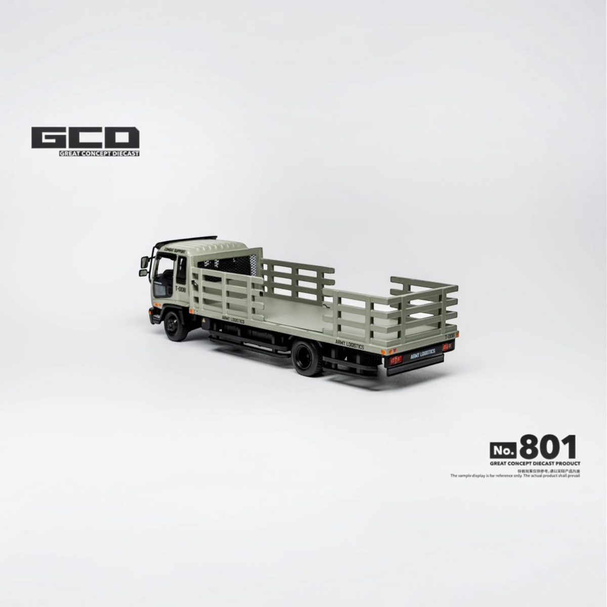 Lot57Supplies Diecast Shop 1:64 scale GCD Isuzu Forward dropside truck in military green with detailed cargo bed