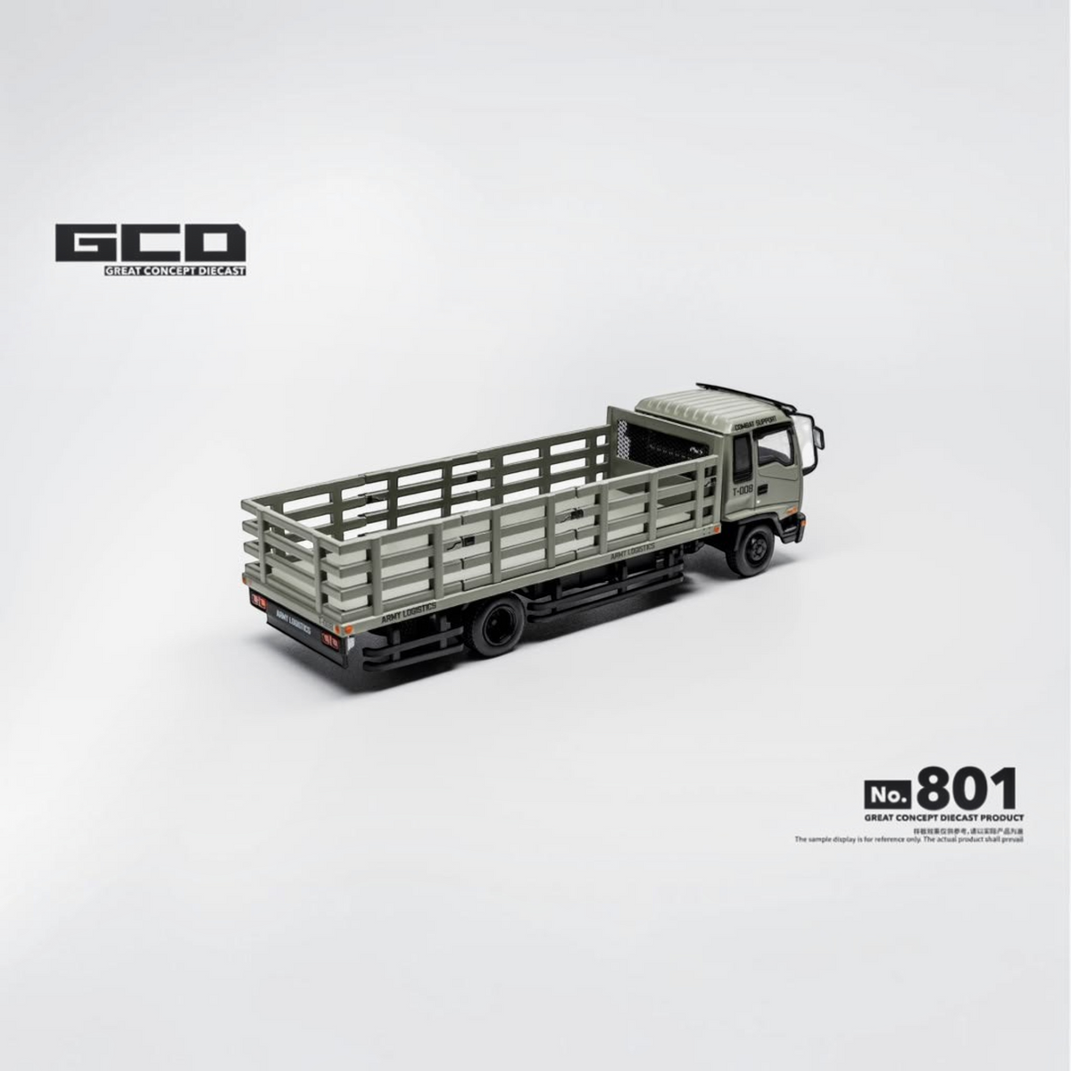 Lot57Supplies Diecast Shop GCD 1:64 scale Isuzu Forward dropside medium duty truck in military green diecast metal