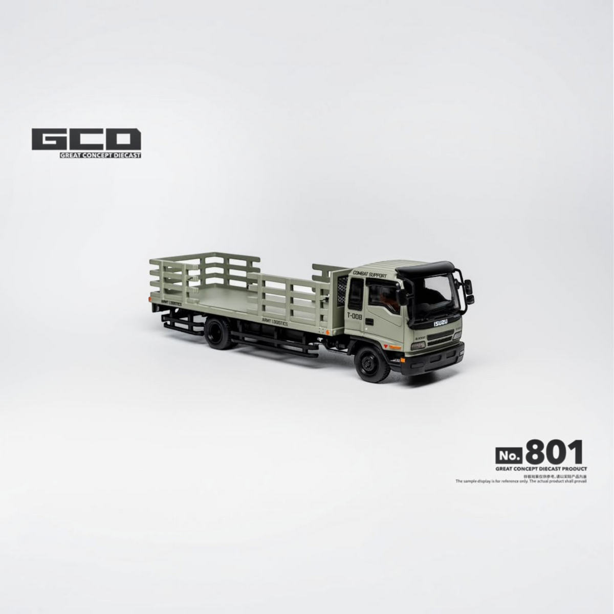 Lot57Supplies Diecast Shop GCD 1:64 scale Isuzu Forward dropside medium duty truck in military green diecast metal