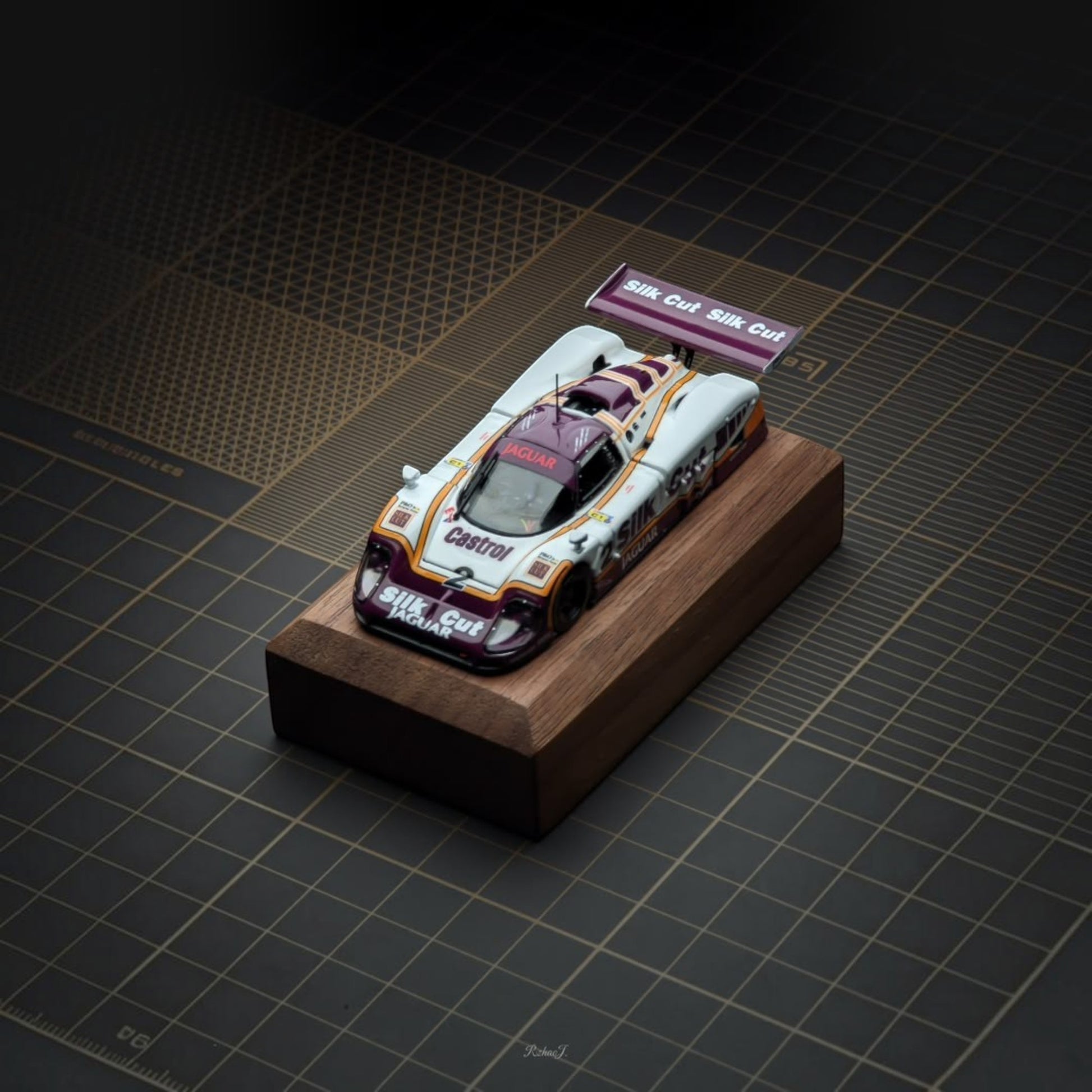 Lot57Supplies Diecast Shop 1:64 scale Transcend model Jaguar XJR-9 1988 Le Mans winner diecast car on wooden base