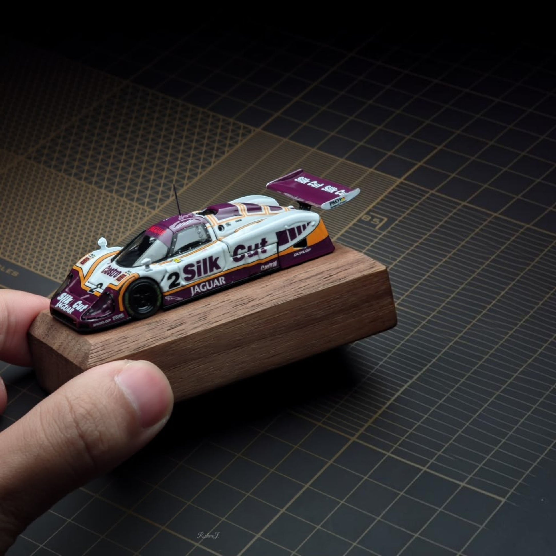 Lot57Supplies Diecast Shop Transcend model 1:64 scale Jaguar XJR-9 1988 Le Mans winner diecast car on wooden base
