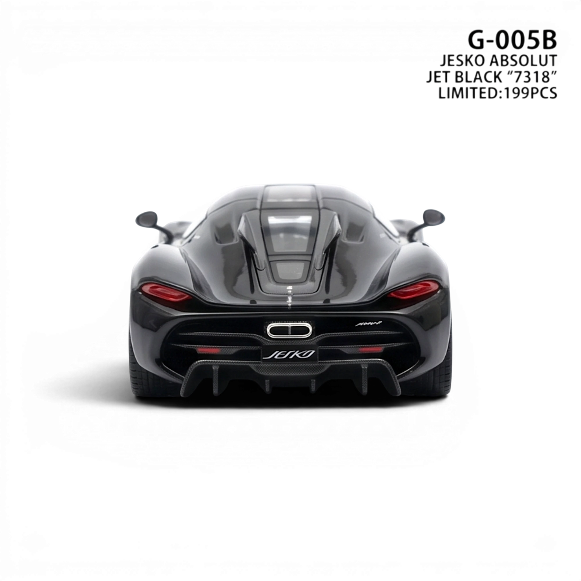 Lot57Supplies Diecast Shop GUO Jesko Absolut 1:64 scale resin model in jet black with detailed rear diffuser and taillights.