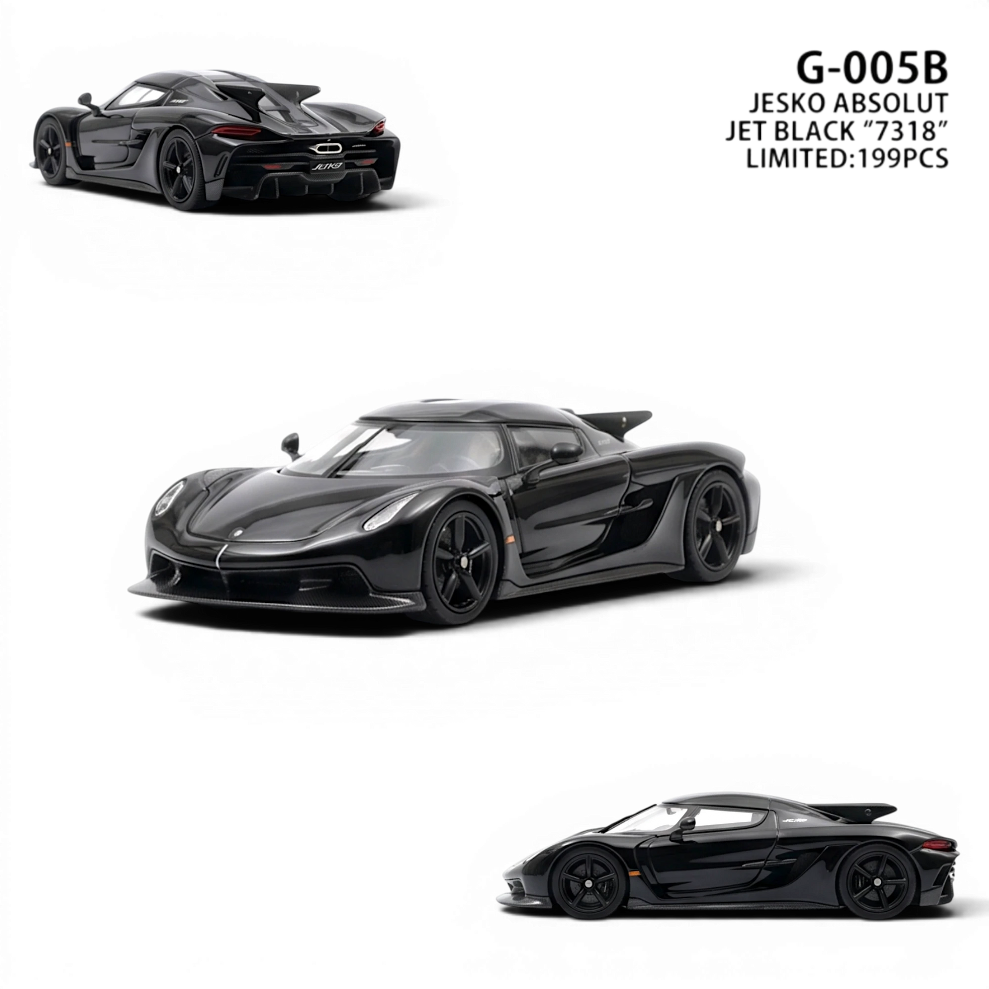 Lot57Supplies Diecast Shop GUO Jesko Absolut 1:64 scale resin model in jet black with intricate detailing.