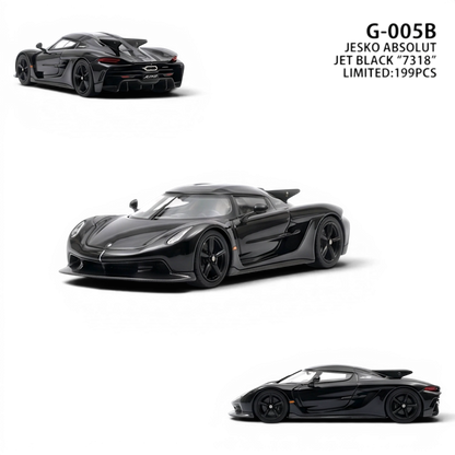 Lot57Supplies Diecast Shop GUO Jesko Absolut 1:64 scale resin model in jet black with intricate detailing.