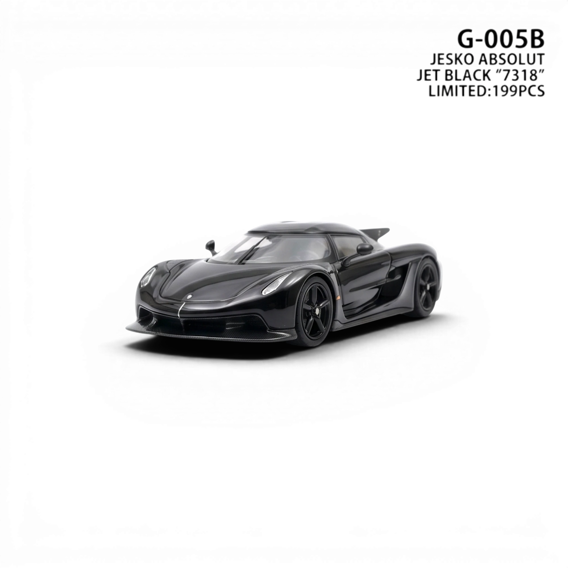 Lot57Supplies Diecast Shop GUO Jesko Absolut 1:64 scale resin model car in jet black with carbon fiber accents.