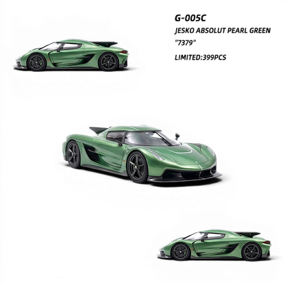 Lot57Supplies Diecast Shop GUO Jesko Absolut 1:64 scale resin model car in pearl green with black wheels and spoiler.