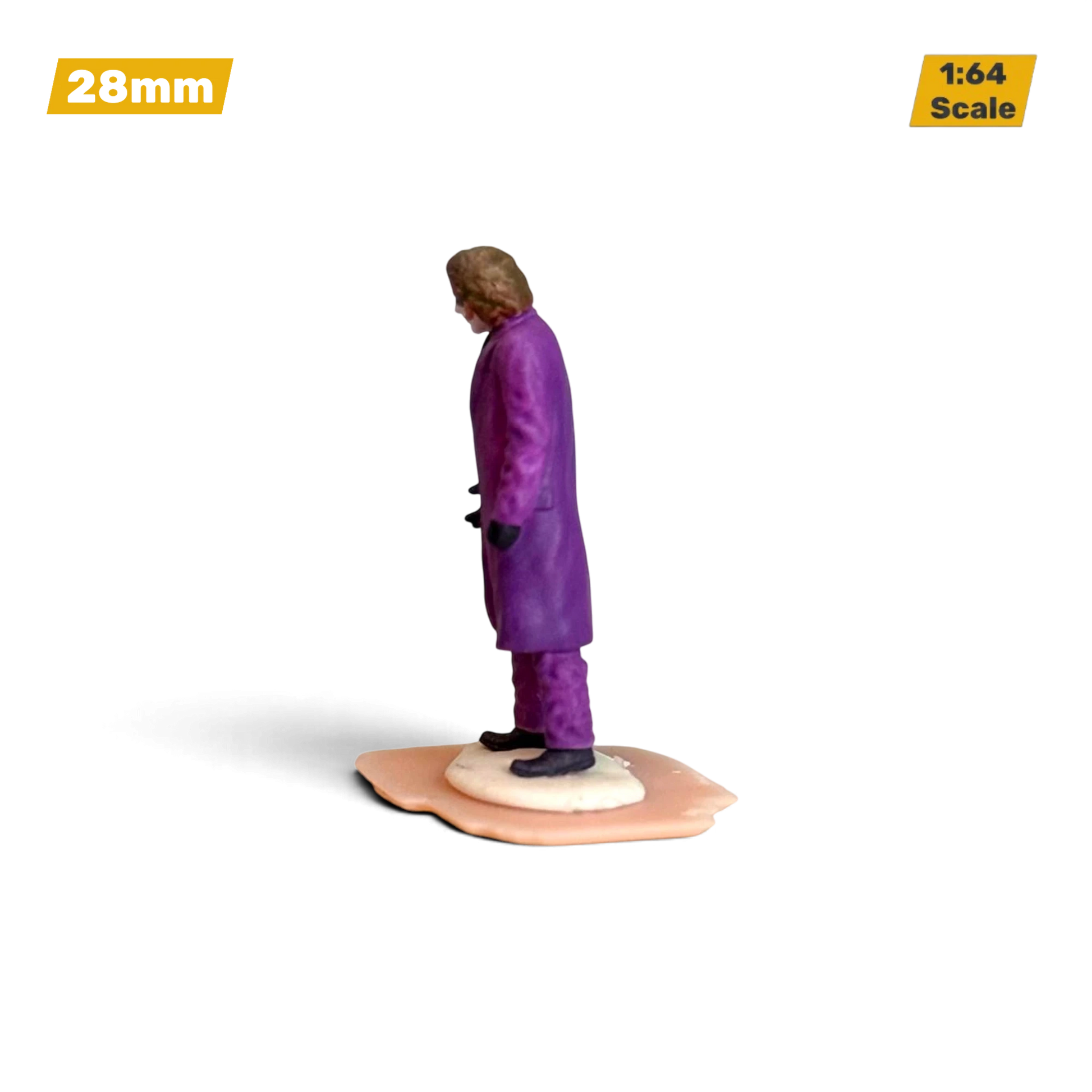 Lot57Supplies Diecast Shop 1:64 scale hand-painted resin Joker diorama figure in a purple coat, side view.