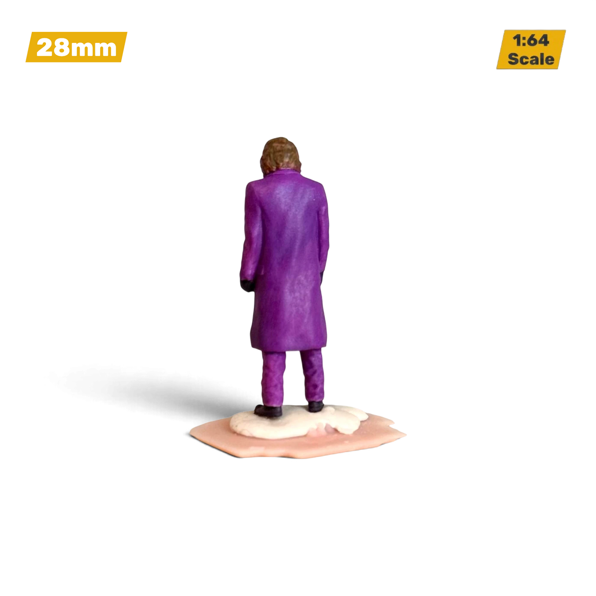 Lot57Supplies Diecast Shop 1:64 scale hand-painted resin Joker diorama figure in a purple coat, rear view.