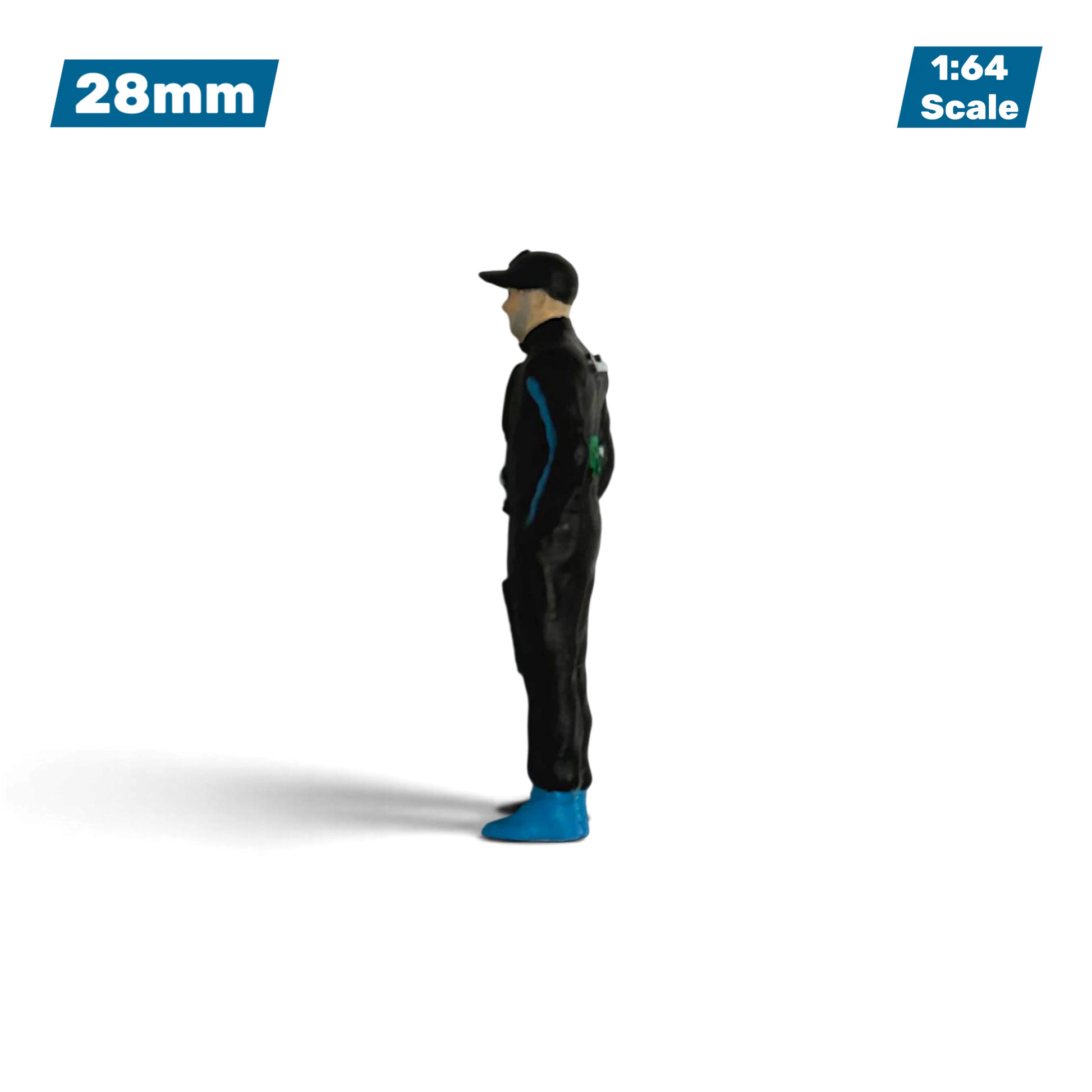Lot57Supplies Diecast Shop 1:64 scale hand-painted Ken Block resin figure in a black racing suit and blue shoes.