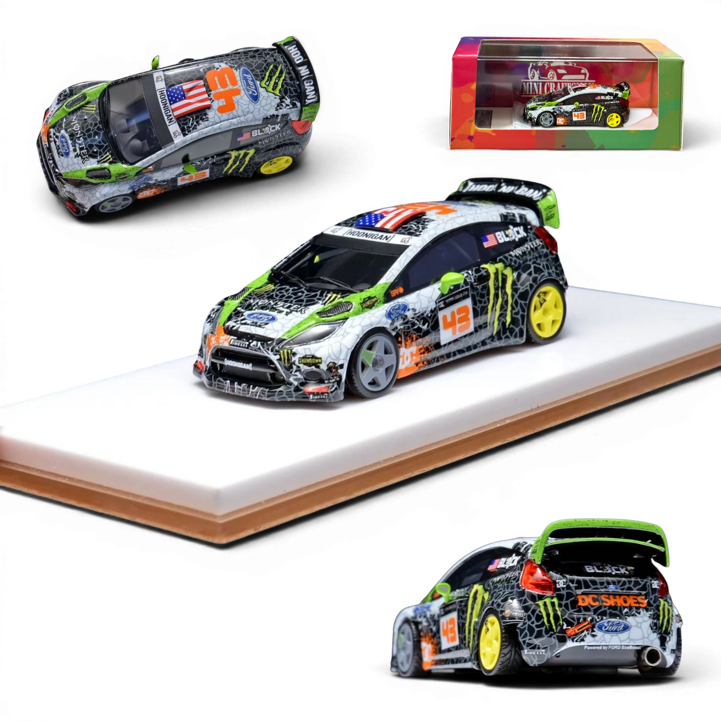 Lot57Supplies Diecast Shop Minicraftsman 1:64 resin Ken Block Ford Fiesta model car with Gymkhana livery and decals.