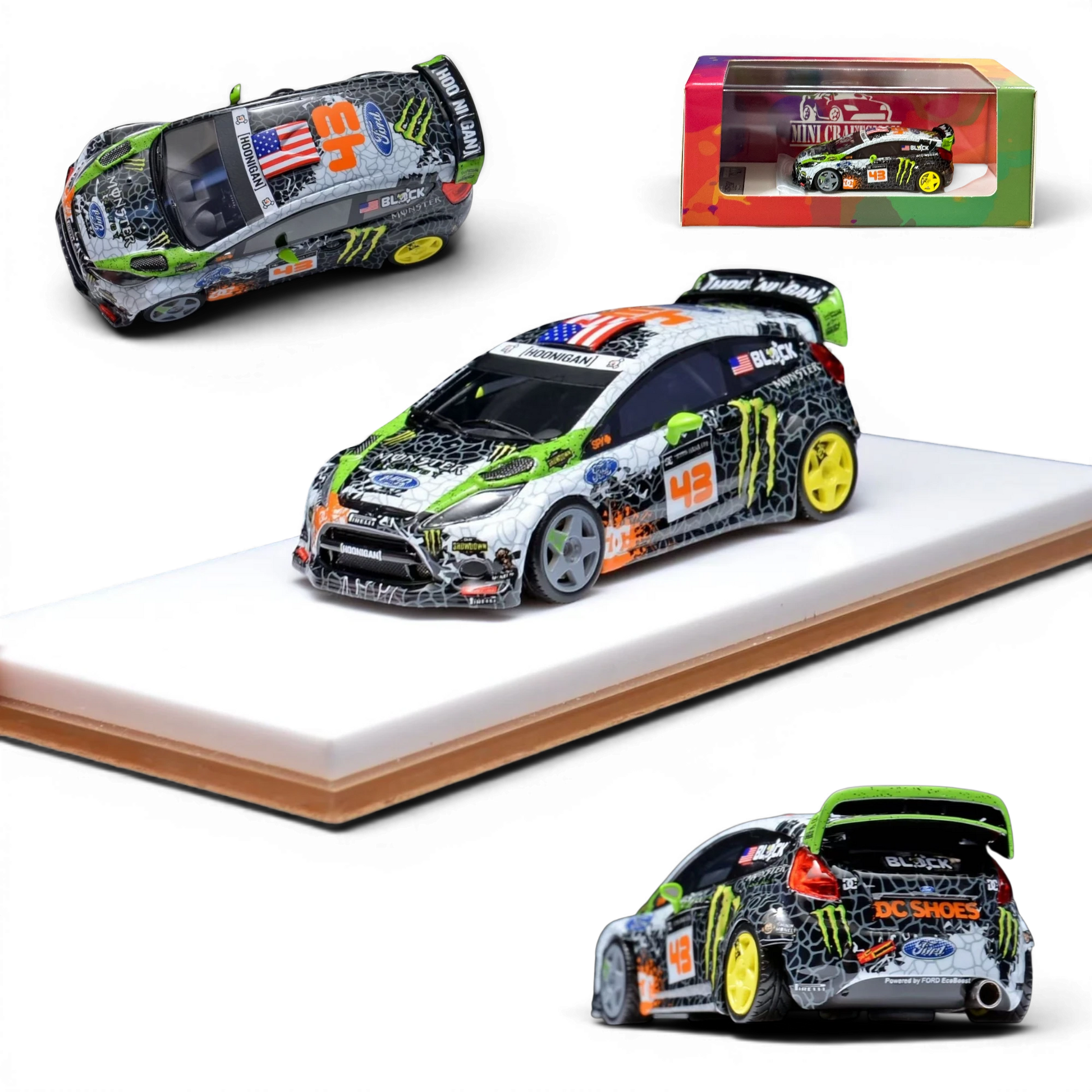 Lot57Supplies Diecast Shop Minicraftsman 1:64 resin Ken Block Ford Fiesta model car with Gymkhana livery and decals.