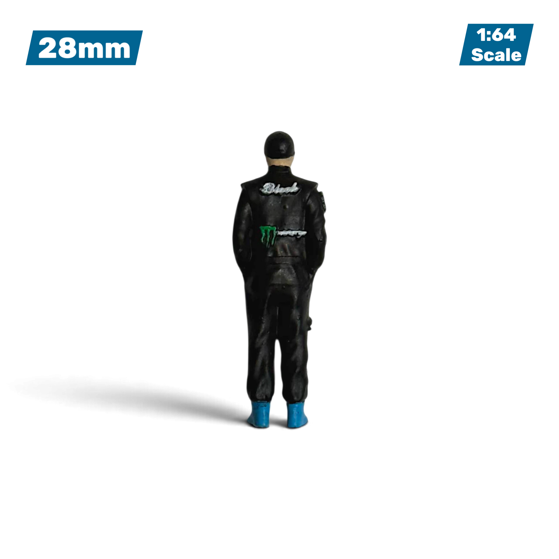 Lot57Supplies Diecast Shop 1:64 scale hand-painted resin Ken Block racing figure in a black suit with blue boots