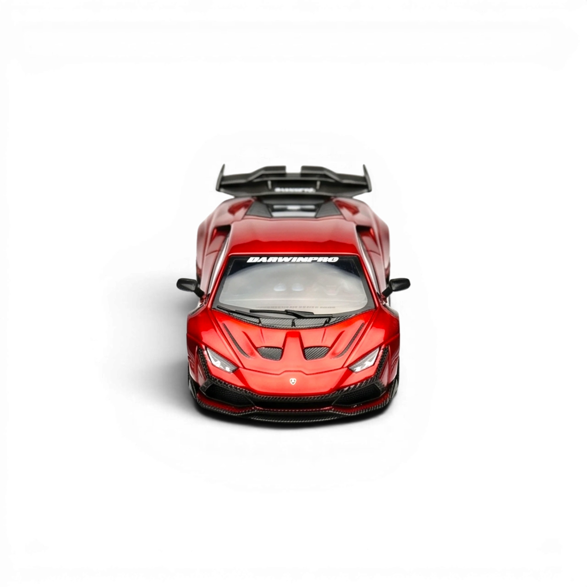 Lot57Supplies Diecast Shop King Model x DarwinPRO Lilith Huracan 1:64 scale diecast car in transparent red with wing.