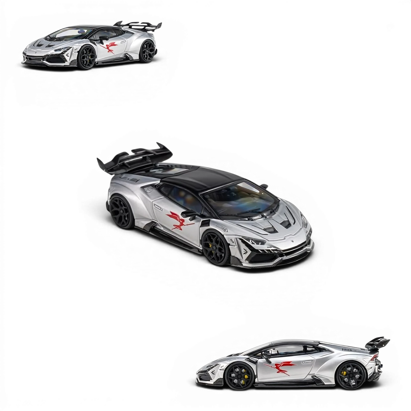 Lot57Supplies Diecast Shop KING MODEL DarwinPRO Huracan LILITH 1:64 scale diecast car in glossy silver with red decals.