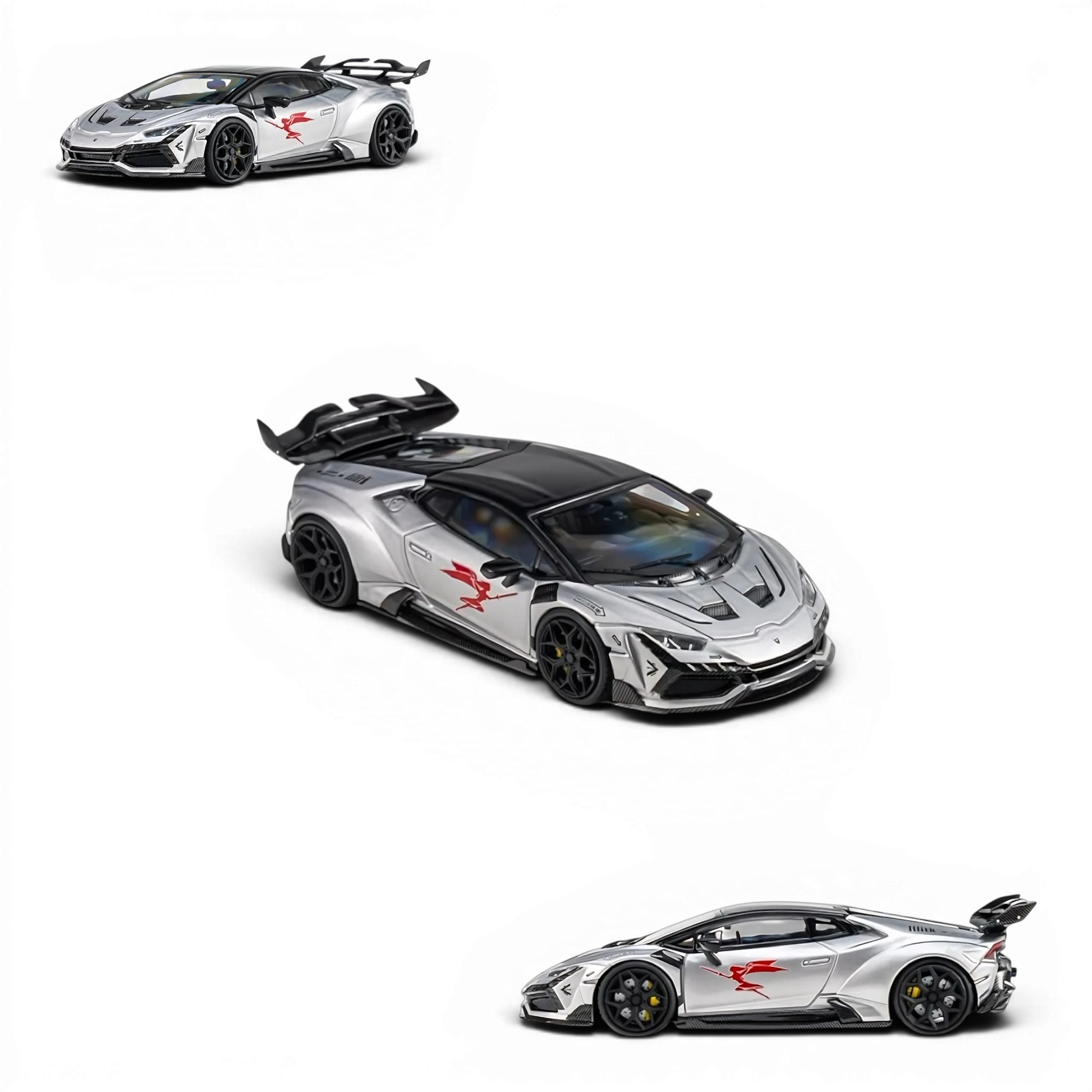 Lot57Supplies Diecast Shop KING MODEL DarwinPRO Huracan LILITH 1:64 scale diecast car in glossy silver with red decals.