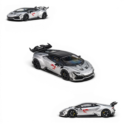 Lot57Supplies Diecast Shop KING MODEL DarwinPRO Huracan LILITH 1:64 scale diecast car in glossy silver with red decals.