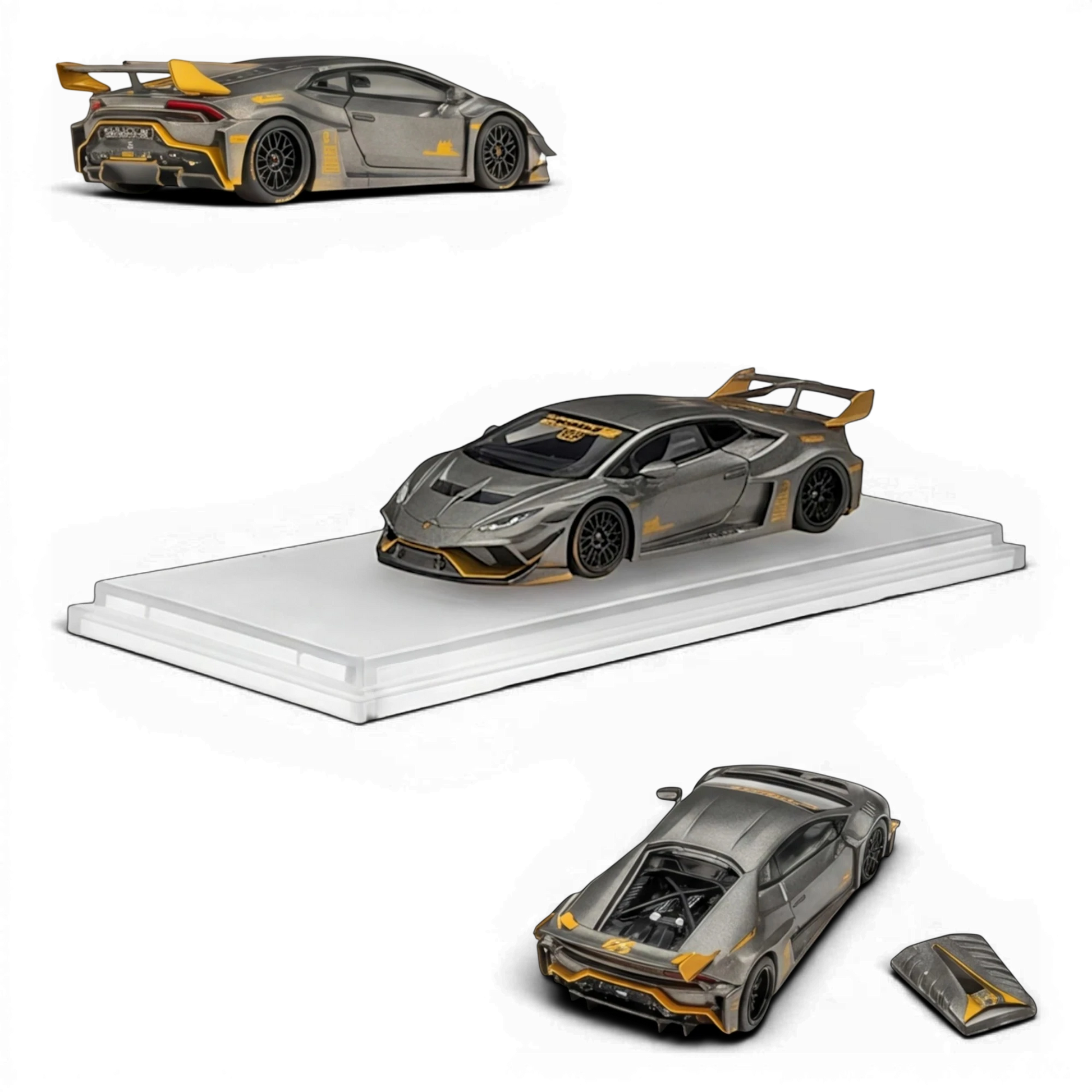 Lot57Supplies Diecast Shop King Model 1:64 LB-Works Lamborghini Huracan GT EVO in grey and gold with removable cover.