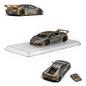 Lot57Supplies Diecast Shop King Model 1:64 LB-Works Lamborghini Huracan GT EVO in grey and gold with removable cover.
