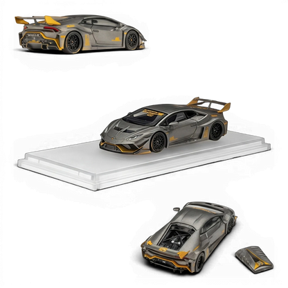 Lot57Supplies Diecast Shop King Model 1:64 LB-Works Lamborghini Huracan GT EVO in grey and gold with removable cover.