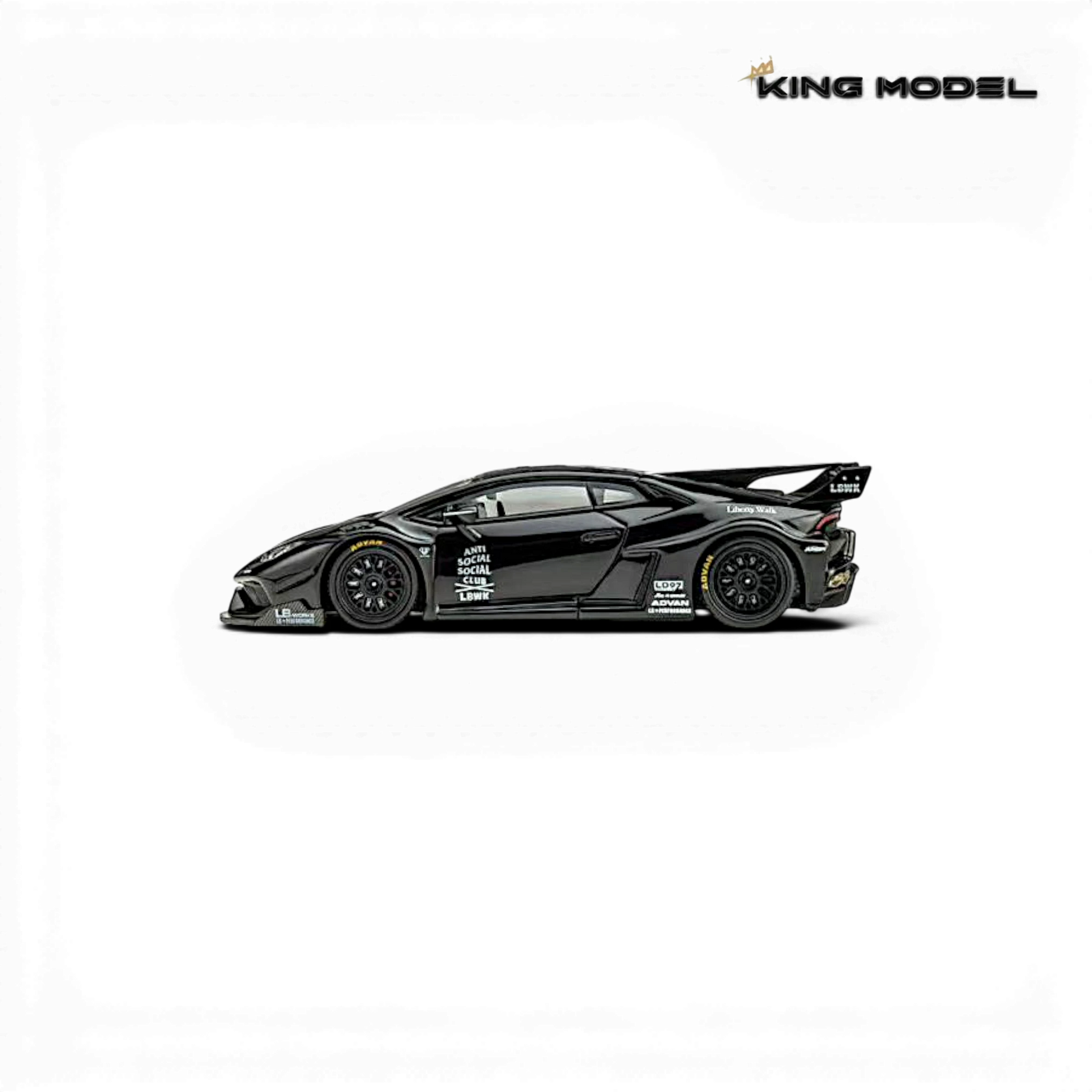 Lot57Supplies Diecast Shop King Model 1:64 scale black LB-Works Lamborghini Huracan GT EVO with white racing decals.
