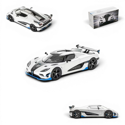 Lot57Supplies Diecast Shop HappyCar 1:64 scale white and blue Koenigsegg Agera RS diecast model car with display box