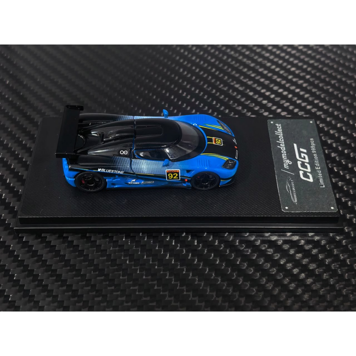 Lot57Supplies Diecast Shop 1:64 scale MC Koenigsegg CCGT diecast model in blue and carbon fiber livery with number 92