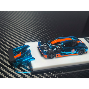 Lot57Supplies Diecast Shop 1:64 scale MC Koenigsegg CCGT diecast model in chrome Gulf blue and orange livery.