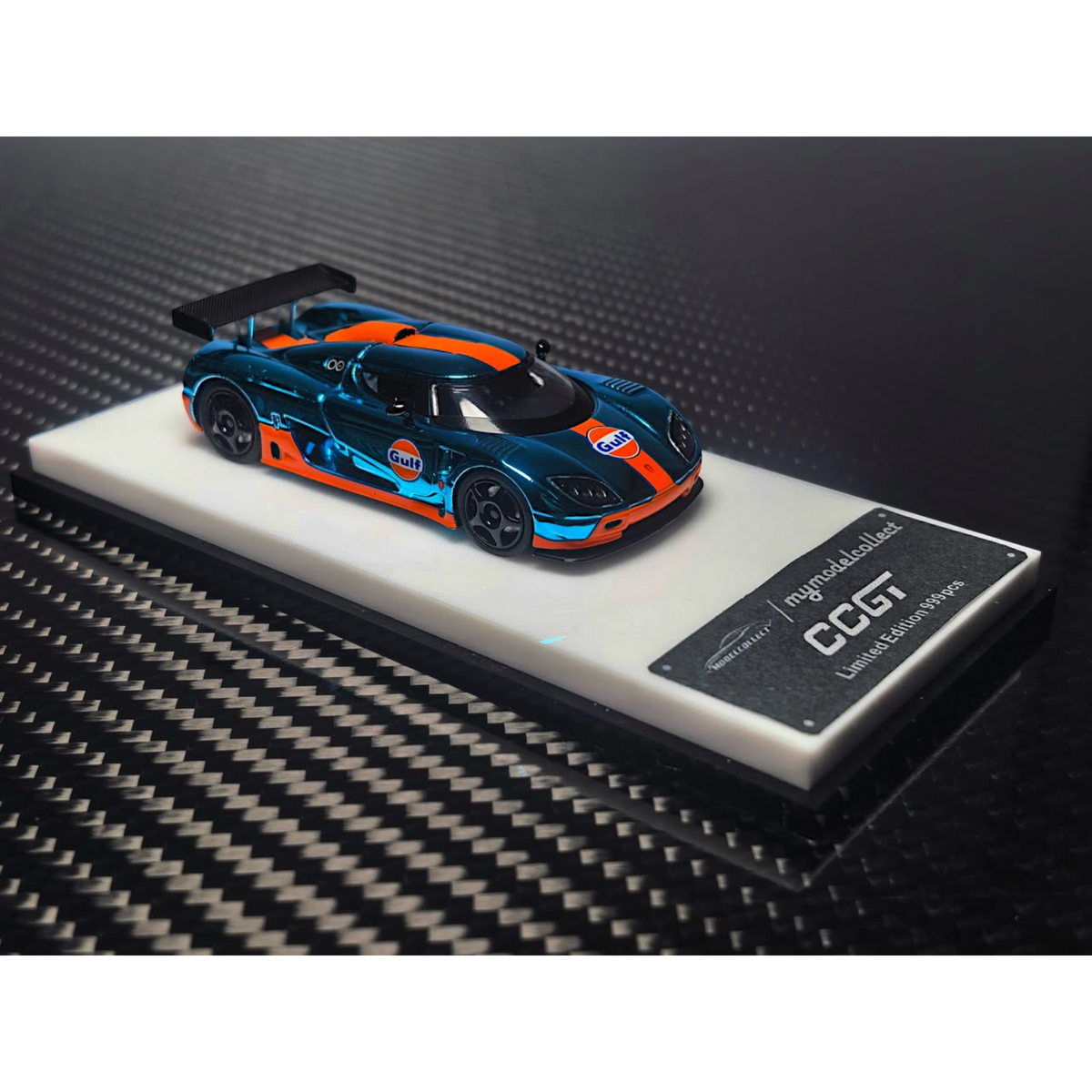 Lot57Supplies Diecast Shop 1:64 scale MC Koenigsegg CCGT diecast model in chrome Gulf blue and orange livery