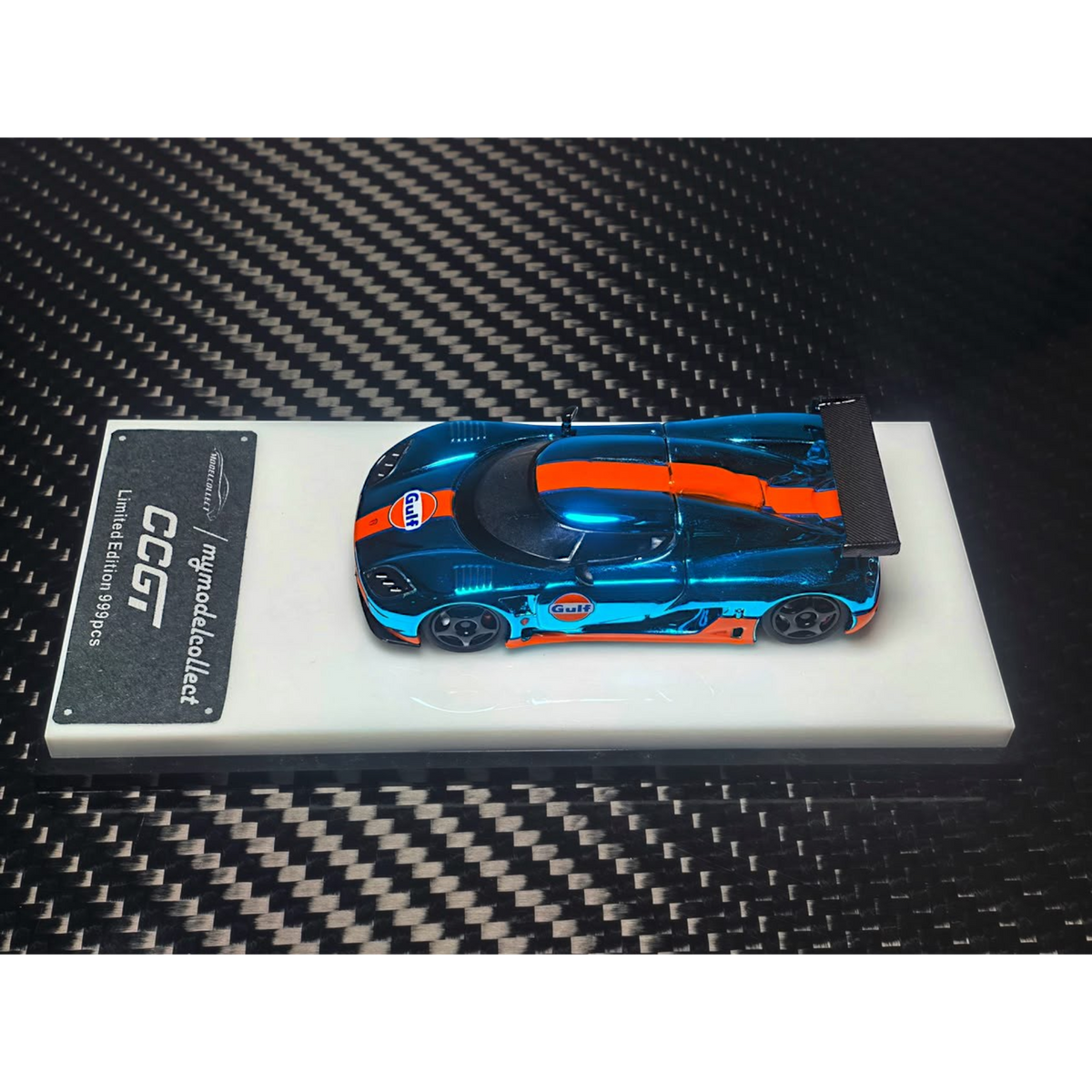 Lot57Supplies Diecast Shop 1:64 scale MC Koenigsegg CCGT diecast model in chrome Gulf blue and orange racing livery.