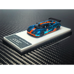 Lot57Supplies Diecast Shop 1:64 scale chrome Gulf blue and orange Koenigsegg CCGT diecast model car on display stand
