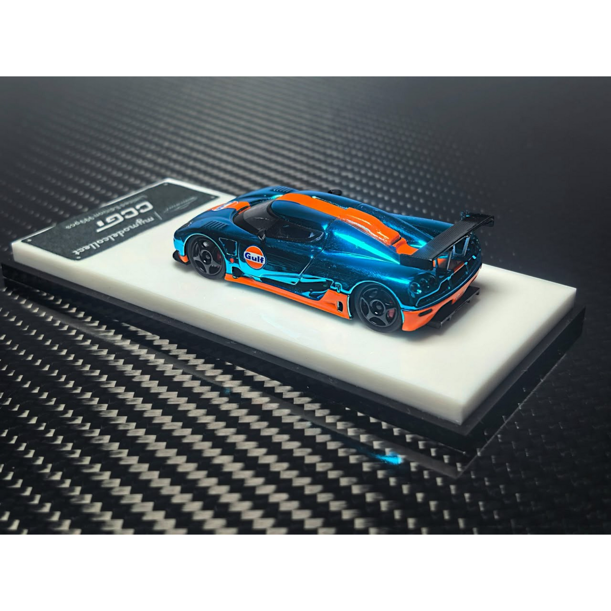 Lot57Supplies Diecast Shop 1:64 scale MC Koenigsegg CCGT diecast model in chrome Gulf blue and orange livery