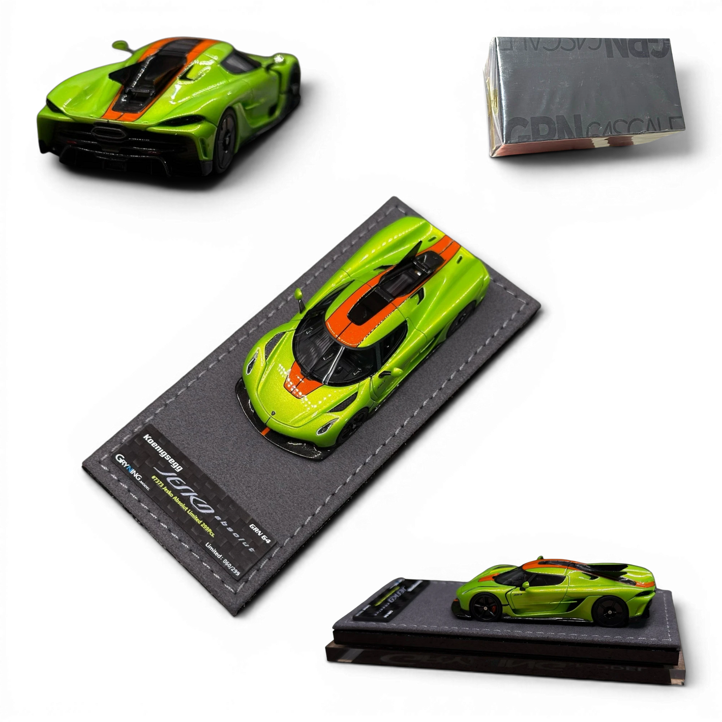 Lot57Supplies Diecast Shop GRYNING 1:64 scale resin Koenigsegg Jesko Absolut in green and sweet mandarin with carbon fiber