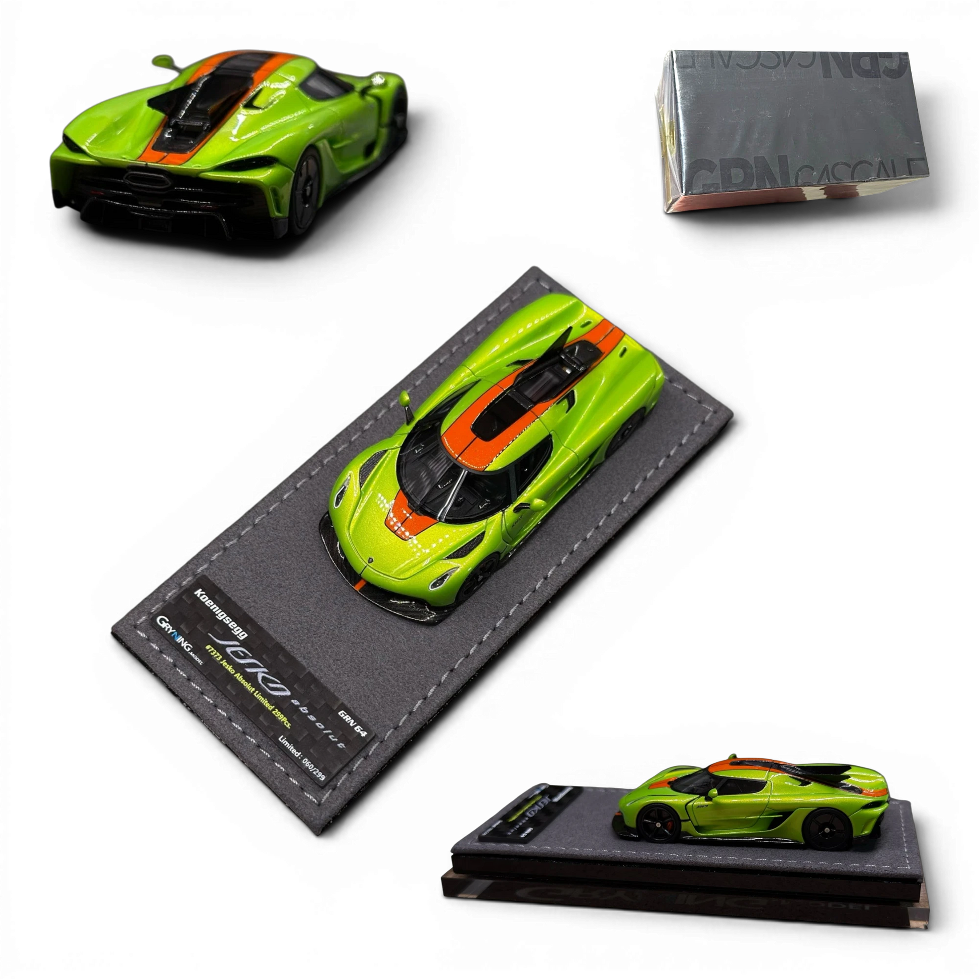 Lot57Supplies Diecast Shop GRYNING 1:64 scale resin Koenigsegg Jesko Absolut in green and sweet mandarin with carbon fiber
