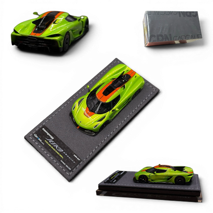 Lot57Supplies Diecast Shop GRYNING 1:64 scale resin Koenigsegg Jesko Absolut in green and sweet mandarin with carbon fiber