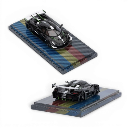 Lot57Supplies Diecast Shop 1:64 scale ET Model Koenigsegg Sadairs Spear in piano black on a carbon fiber display base