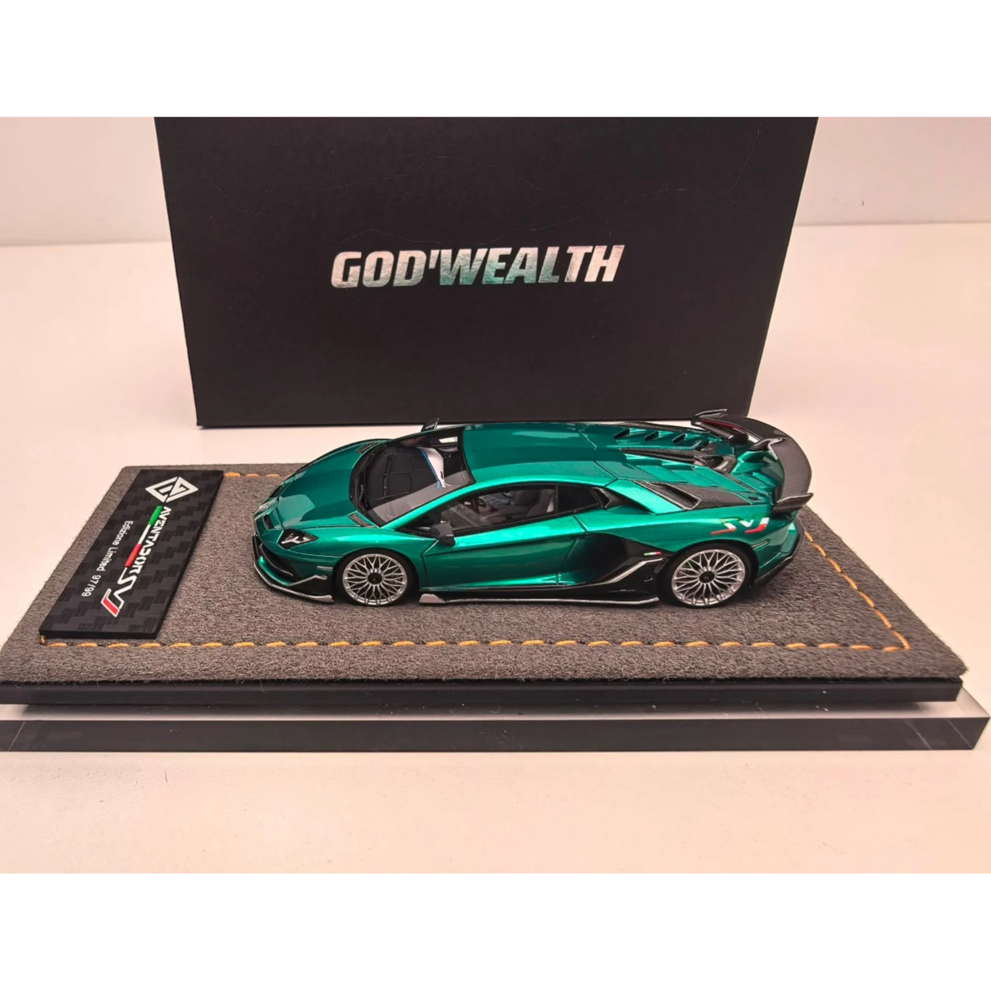 Lot57Supplies Diecast Shop GodWealth 1:64 scale resin Lamborghini Aventador SVJ model car in metallic blue-green