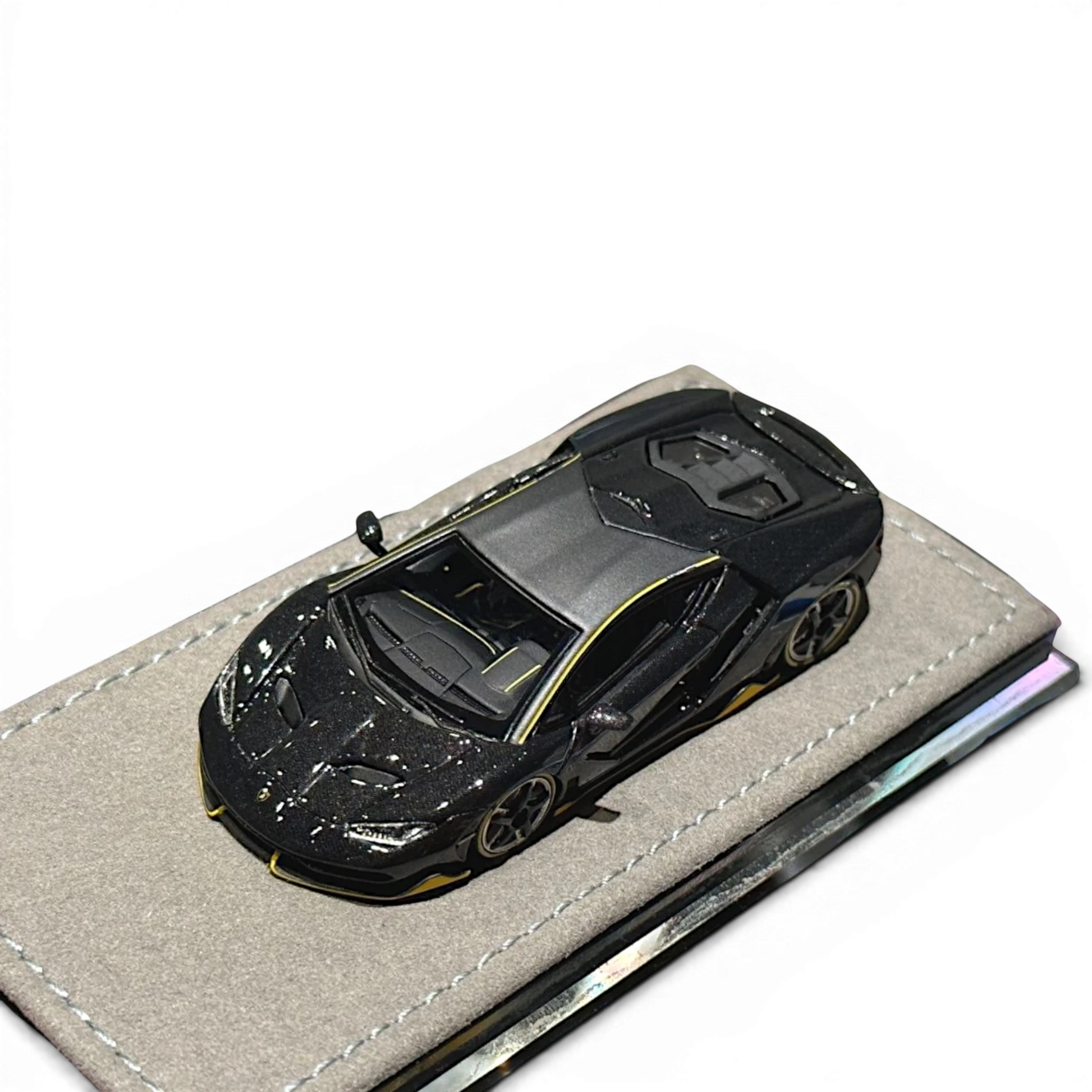 Lot57Supplies Diecast Shop 1:64 scale resin Lamborghini Centenario model in black carbon with yellow accents