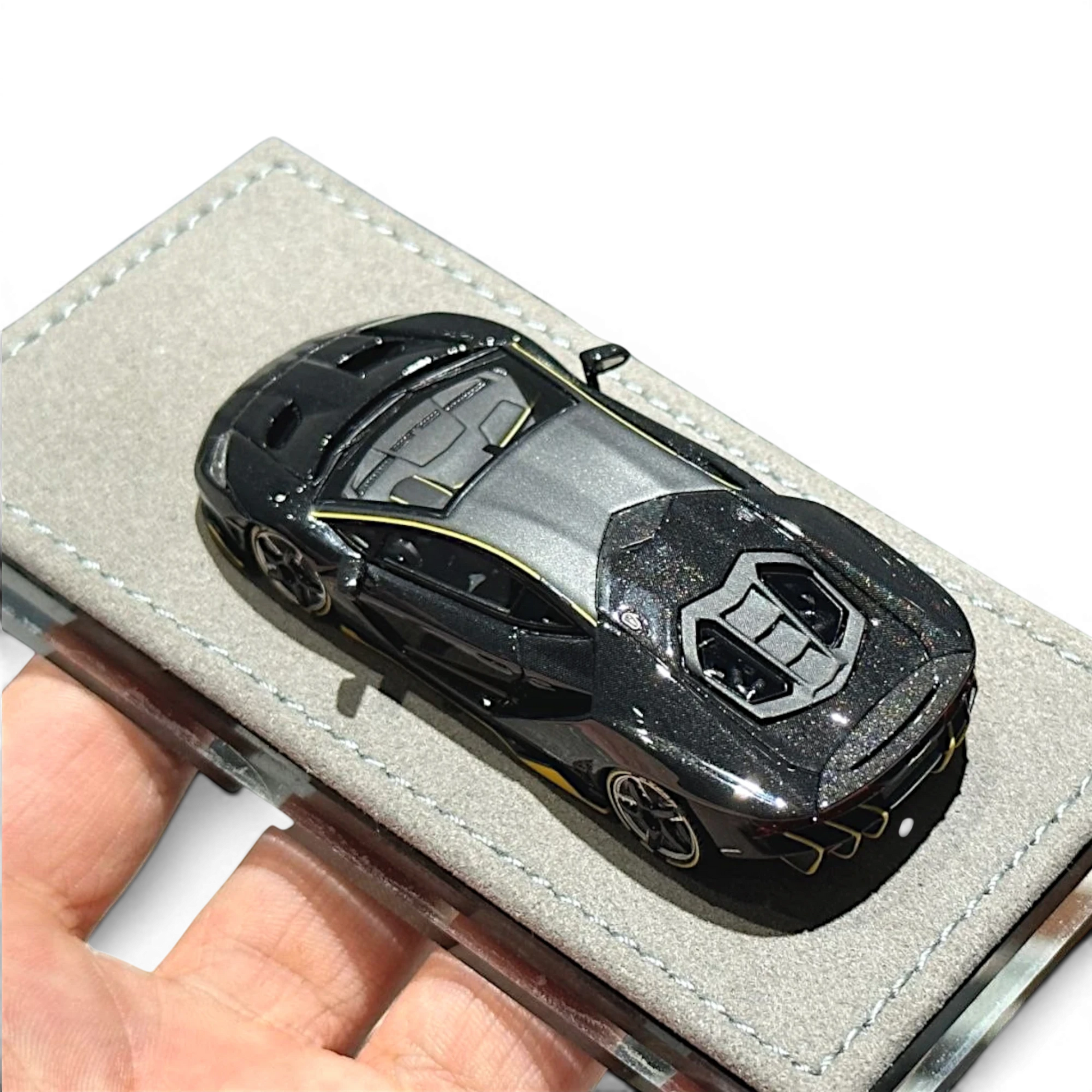 Lot57Supplies Diecast Shop 1:64 scale resin Lamborghini Centenario model car in black carbon with yellow accents